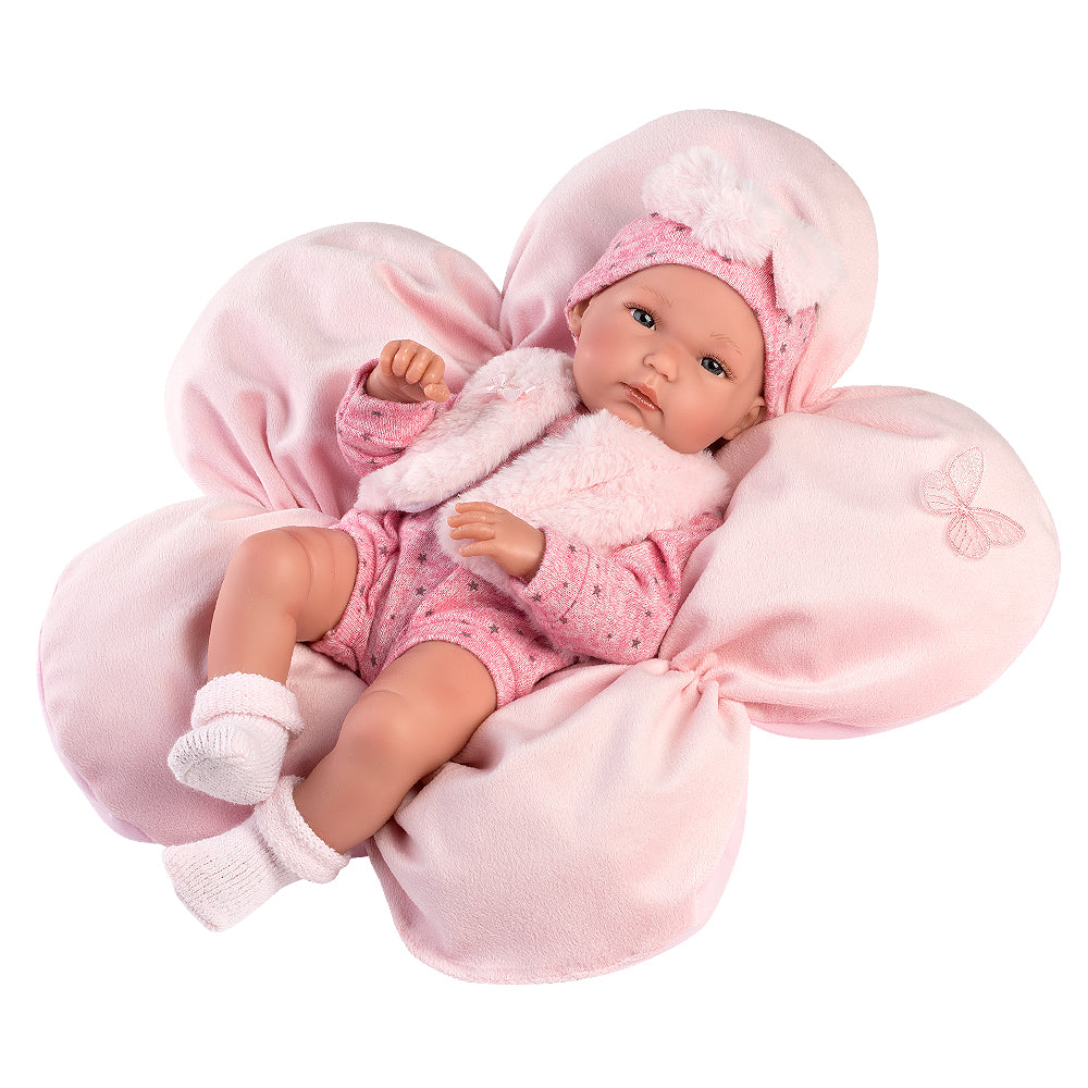 Muñeco Llorens articulado 35 cm - Recién Nacidos muy suaves - Bebé Bimba con Cojín Flor