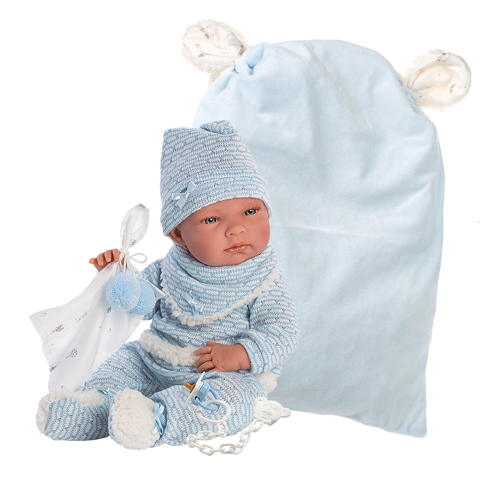 Muñeco Llorens articulado 40 cm – Recién Nacidos muy suaves – Nico con cojín celeste