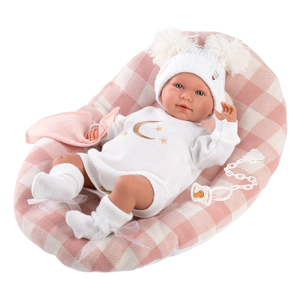 Muñeco Llorens que llora 42 cm - Recién Nacidos con sonidos de bebé - Bebé Mimi con Cojín Cama y pañuelo