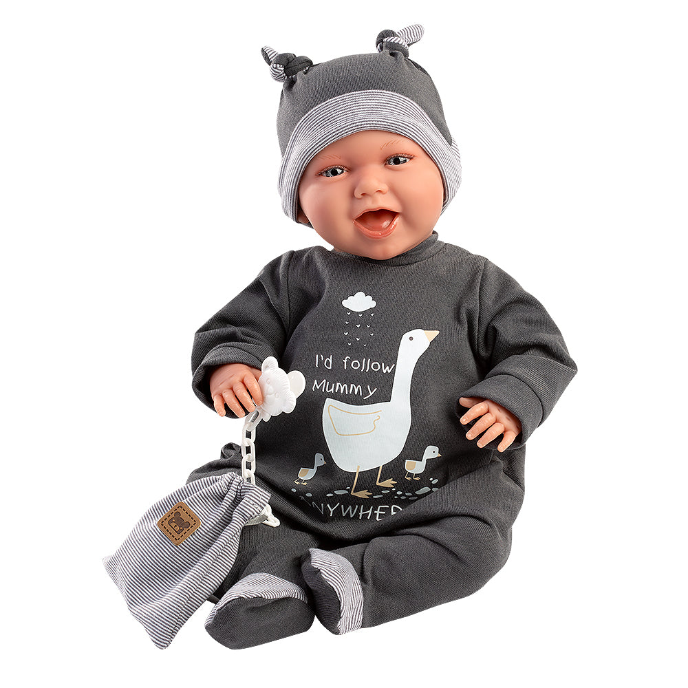 Muñeco Llorens que llora 42 cm - Recién Nacidos con sonidos de bebé – Mimo Sonrisas con pijama y bolsita gris