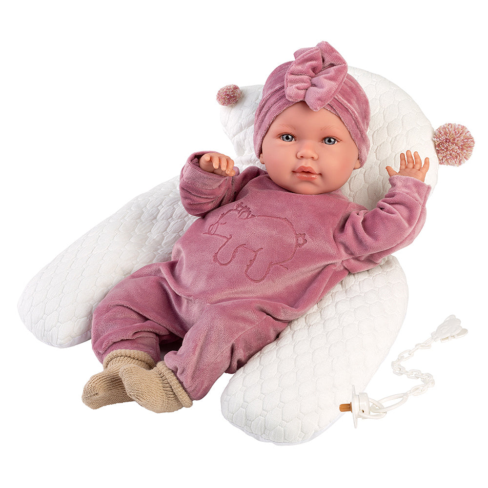 Muñeco Llorens que llora 42 cm - Recién Nacidos con sonidos de bebé – Abril Llorona con cojín chichonera