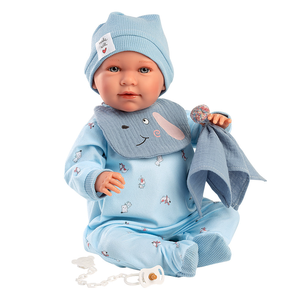 Muñeco Llorens que llora 42 cm - Recién Nacidos con sonidos de bebé – Mimo Llorón con babero perrito y dou dou